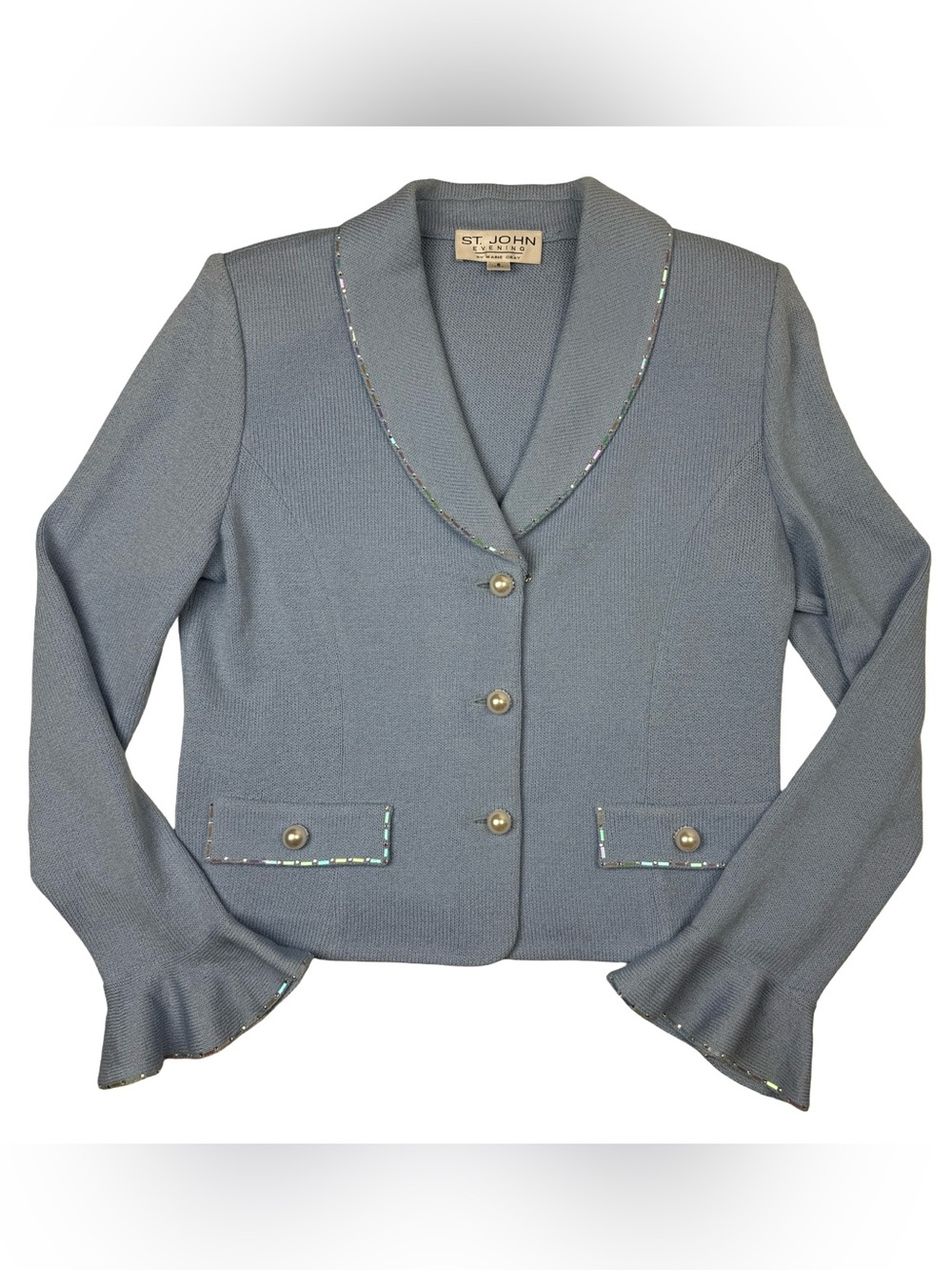 St. John Evening Santana Knit Blazer Sz 8 Cardigan Periwinkle Blue Jewels USA